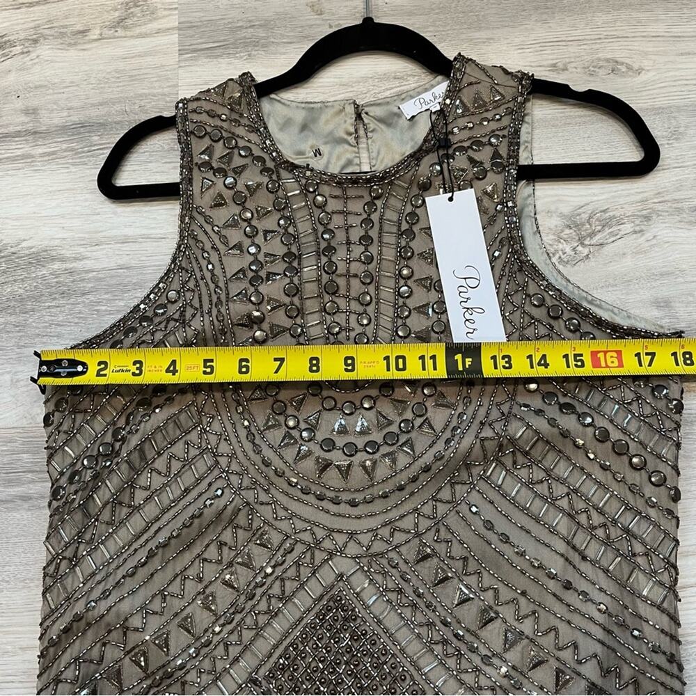 Parker 100% Silk Fully Beaded Allegra Mini Dress Taupe/Gold Size M - Picture 7 of 8
